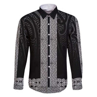 New Zealand Maori Kowhaiwhai Family Matching Off Shoulder Short Dress and Hawaiian Shirt Pango Maui and Mangopare LT9 Dad's Shirt - Long Sleeve Black - Polynesian Pride