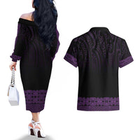 New Zealand Maori Kowhaiwhai Couples Matching Off The Shoulder Long Sleeve Dress and Hawaiian Shirt Waiporoporo Maui and Mangopare LT9 - Polynesian Pride