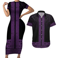 New Zealand Maori Kowhaiwhai Couples Matching Short Sleeve Bodycon Dress and Hawaiian Shirt Waiporoporo Maui and Mangopare LT9 Purple - Polynesian Pride