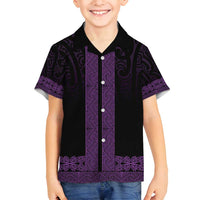 New Zealand Maori Kowhaiwhai Family Matching Off Shoulder Short Dress and Hawaiian Shirt Waiporoporo Maui and Mangopare LT9 Son's Shirt Purple - Polynesian Pride