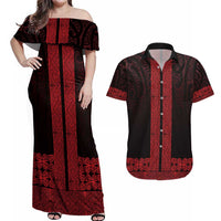 New Zealand Maori Kowhaiwhai Couples Matching Off Shoulder Maxi Dress and Hawaiian Shirt Whero Maui and Mangopare LT9 Red - Polynesian Pride