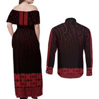 New Zealand Maori Kowhaiwhai Couples Matching Off Shoulder Maxi Dress and Long Sleeve Button Shirt Whero Maui and Mangopare LT9 - Polynesian Pride