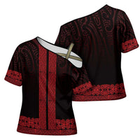 New Zealand Maori Kowhaiwhai Cross Shoulder Shirt Whero Maui and Mangopare - Polynesian Pride
