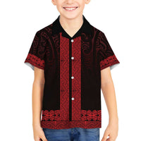 New Zealand Maori Kowhaiwhai Family Matching Off The Shoulder Long Sleeve Dress and Hawaiian Shirt Whero Maui and Mangopare LT9 Son's Shirt Red - Polynesian Pride