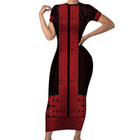 New Zealand Maori Kowhaiwhai Short Sleeve Bodycon Dress Whero Maui and Mangopare LT9 Long Dress Red - Polynesian Pride