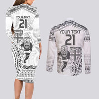 Custom Fiji Black Fern Couples Matching Long Sleeve Bodycon Dress and Long Sleeve Button Shirt Maori Warroir with Fijian Masi Pattern LT9 - Polynesian Pride