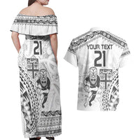 Custom Fiji Black Fern Couples Matching Off Shoulder Maxi Dress and Hawaiian Shirt Maori Warroir with Fijian Masi Pattern LT9 - Polynesian Pride
