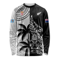 Custom Fiji New Zealand Long Sleeve Shirt Maori mix Tapa Pattern Version LT9 Unisex Black - Polynesian Pride