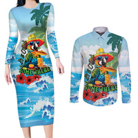 Funny Parrot Margarita Five O'clock Somewhere Couples Matching Long Sleeve Bodycon Dress and Long Sleeve Button Shirt