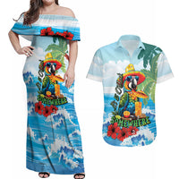 Funny Parrot Margarita Five O'clock Somewhere Couples Matching Off Shoulder Maxi Dress and Hawaiian Shirt LT9 Blue - Polynesian Pride