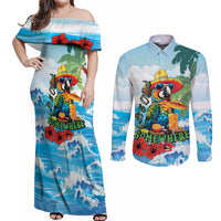 Funny Parrot Margarita Five O'clock Somewhere Couples Matching Off Shoulder Maxi Dress and Long Sleeve Button Shirt LT9 Blue - Polynesian Pride