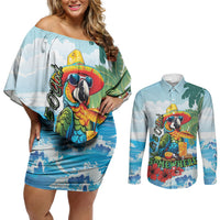 Funny Parrot Margarita Five O'clock Somewhere Couples Matching Off Shoulder Short Dress and Long Sleeve Button Shirt LT9 Blue - Polynesian Pride