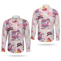 Hawaii Flamingo Hello Summer Couples Matching Off Shoulder Maxi Dress and Long Sleeve Button Shirt Hawaiian Quilt Pattern LT9 - Polynesian Pride