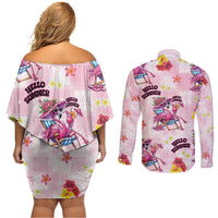 Hawaii Flamingo Hello Summer Couples Matching Off Shoulder Short Dress and Long Sleeve Button Shirt Hawaiian Quilt Pattern LT9 - Polynesian Pride