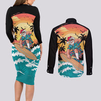 Vintage Santa Claus Surfing Summer Couples Matching Long Sleeve Bodycon Dress and Long Sleeve Button Shirt Mele Kalikimaka i Iulai!