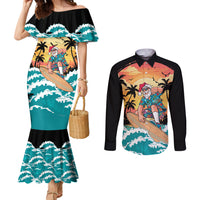 Vintage Santa Claus Surfing Summer Couples Matching Mermaid Dress and Long Sleeve Button Shirt Mele Kalikimaka i Iulai! LT9 Black - Polynesian Pride