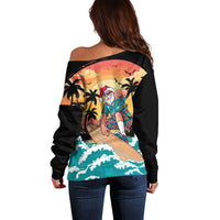 Vintage Santa Claus Surfing Summer Off Shoulder Sweater Mele Kalikimaka i Iulai!