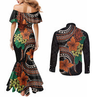 Vintage Hibiscus Pacific Floral Couples Matching Mermaid Dress and Long Sleeve Button Shirt