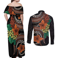 Vintage Hibiscus Pacific Floral Couples Matching Off Shoulder Maxi Dress and Long Sleeve Button Shirt