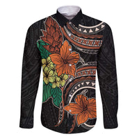Vintage Hibiscus Pacific Floral Family Matching Off The Shoulder Long Sleeve Dress and Hawaiian Shirt LT9 Dad's Shirt - Long Sleeve Black - Polynesian Pride