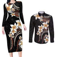Vintage Plumeria Pacific Floral Couples Matching Long Sleeve Bodycon Dress and Long Sleeve Button Shirt