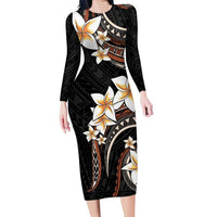 Vintage Plumeria Pacific Floral Family Matching Long Sleeve Bodycon Dress and Hawaiian Shirt LT9 Mom's Dress Black - Polynesian Pride