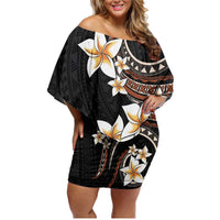 Vintage Plumeria Pacific Floral Family Matching Off Shoulder Short Dress and Hawaiian Shirt LT9 Mom's Dress Black - Polynesian Pride