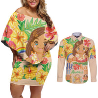 Kawaii Hula Girls Couples Matching Off Shoulder Short Dress and Long Sleeve Button Shirt Aloha Hibiscus Flowers
