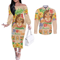 Kawaii Hula Girls Couples Matching Off The Shoulder Long Sleeve Dress and Long Sleeve Button Shirt Aloha Hibiscus Flowers