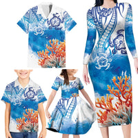 Hibiscus Turtle Tattoo Coral Reef Family Matching Long Sleeve Bodycon Dress and Hawaiian Shirt with Polynesian Tribal LT9 - Polynesian Pride