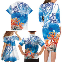 Hibiscus Turtle Tattoo Coral Reef Family Matching Long Sleeve Bodycon Dress and Hawaiian Shirt with Polynesian Tribal LT9 - Polynesian Pride