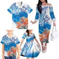 Hibiscus Turtle Tattoo Coral Reef Family Matching Off The Shoulder Long Sleeve Dress and Hawaiian Shirt with Polynesian Tribal LT9 - Polynesian Pride