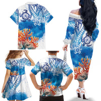 Hibiscus Turtle Tattoo Coral Reef Family Matching Off The Shoulder Long Sleeve Dress and Hawaiian Shirt with Polynesian Tribal LT9 - Polynesian Pride