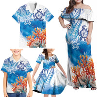 Hibiscus Turtle Tattoo Coral Reef Family Matching Off Shoulder Maxi Dress and Hawaiian Shirt with Polynesian Tribal LT9 - Polynesian Pride