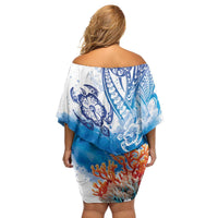 Hibiscus Turtle Tattoo Coral Reef Family Matching Off Shoulder Short Dress and Hawaiian Shirt with Polynesian Tribal LT9 - Polynesian Pride