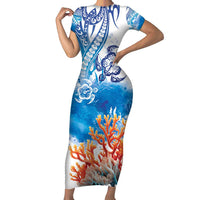Hibiscus Turtle Tattoo Coral Reef Family Matching Short Sleeve Bodycon Dress and Hawaiian Shirt with Polynesian Tribal LT9 Mom's Dress White - Polynesian Pride