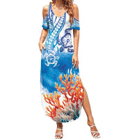 Hibiscus Turtle Tattoo Coral Reef Family Matching Summer Maxi Dress and Hawaiian Shirt with Polynesian Tribal LT9 Mom's Dress White - Polynesian Pride