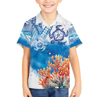 Hibiscus Turtle Tattoo Coral Reef Family Matching Summer Maxi Dress and Hawaiian Shirt with Polynesian Tribal LT9 Son's Shirt White - Polynesian Pride