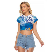 Hibiscus Turtle Tattoo Coral Reef Raglan Cropped T Shirt with Polynesian Tribal