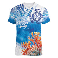 Hibiscus Turtle Tattoo Coral Reef Women V-Neck T-Shirt with Polynesian Tribal