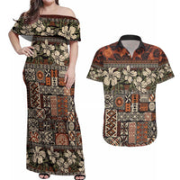 Pacific Hibiscus Tapa Tribal Vintage Couples Matching Off Shoulder Maxi Dress and Hawaiian Shirt Brown Motif LT9 Brown - Polynesian Pride