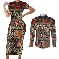 Pacific Hibiscus Tapa Tribal Vintage Couples Matching Short Sleeve Bodycon Dress and Long Sleeve Button Shirt Brown Motif LT9 Brown - Polynesian Pride