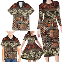 Pacific Hibiscus Tapa Tribal Vintage Family Matching Long Sleeve Bodycon Dress and Hawaiian Shirt Brown Motif LT9 - Polynesian Pride