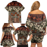 Pacific Hibiscus Tapa Tribal Vintage Family Matching Off Shoulder Short Dress and Hawaiian Shirt Brown Motif LT9 - Polynesian Pride