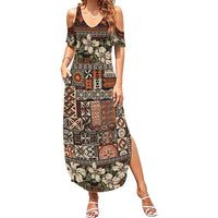 Pacific Hibiscus Tapa Tribal Vintage Family Matching Summer Maxi Dress and Hawaiian Shirt Brown Motif LT9 Mom's Dress Brown - Polynesian Pride