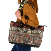 Pacific Hibiscus Tapa Tribal Vintage Leather Tote Bag Brown Motif LT9 Brown - Polynesian Pride
