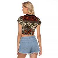 Pacific Hibiscus Tapa Tribal Vintage Raglan Cropped T Shirt Brown Motif