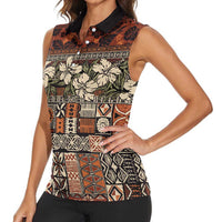 Pacific Hibiscus Tapa Tribal Vintage Women Sleeveless Polo Shirt Brown Motif