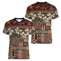 Pacific Hibiscus Tapa Tribal Vintage Women V-Neck T-Shirt Brown Motif