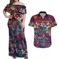 Pacific Hibiscus Tapa Tribal Vintage Couples Matching Off Shoulder Maxi Dress and Hawaiian Shirt Pink Motif LT9 Pink - Polynesian Pride